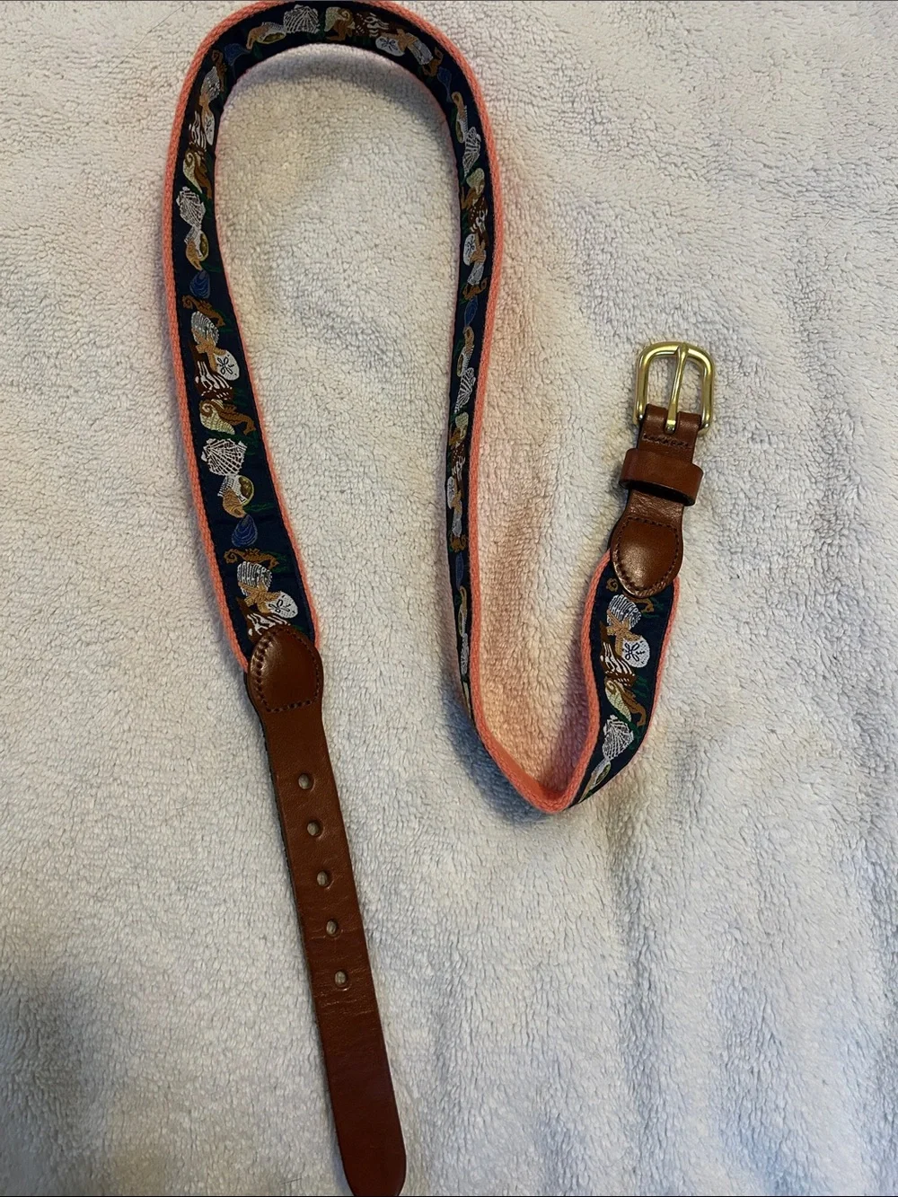 Embroidered Navy nautical belt with Brown Leather Ends